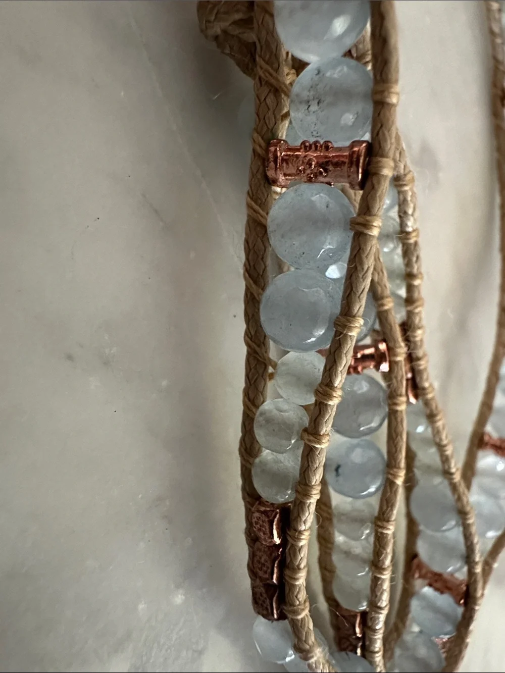 Handcrafted Light Blue Bead Wrap Bracelet with Rose Gold Accents - Picture 2 of 6